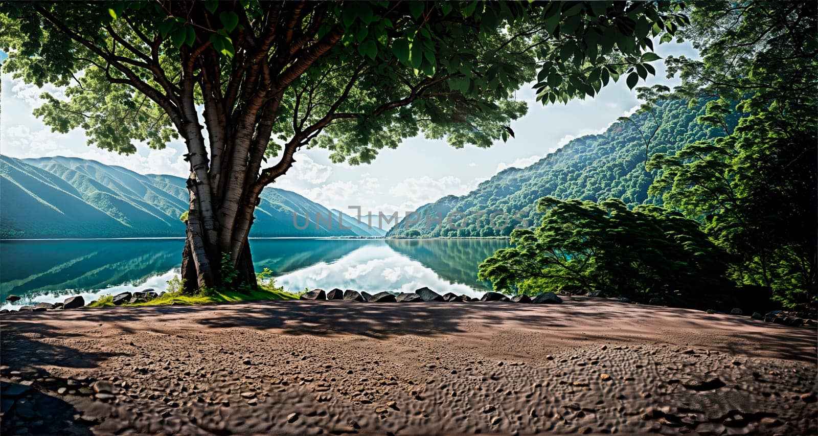 The quiet lake is surrounded by lush green mountains, with a large tree in front. Generative AI.