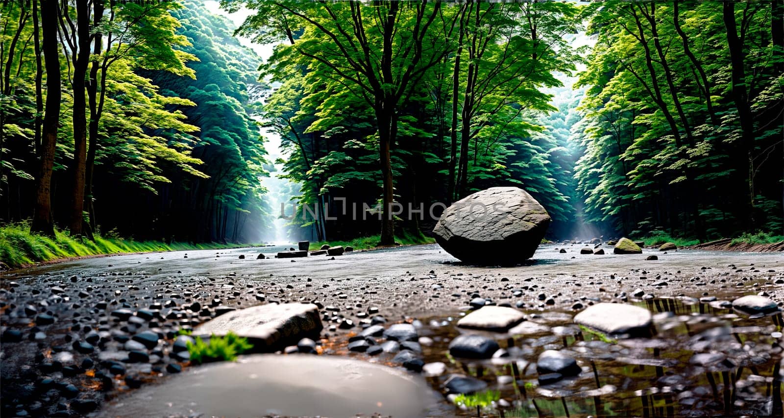 Forest road with stone cobblestones and a large stone in the foreground. Generative AI.