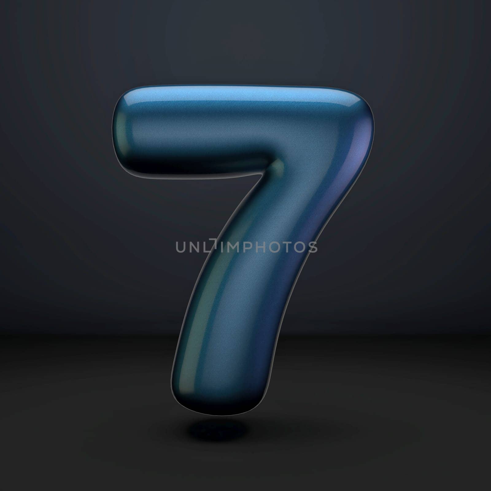 Dark blue shiny font Number 7 SEVEN 3D rendering illustration isolated on black background