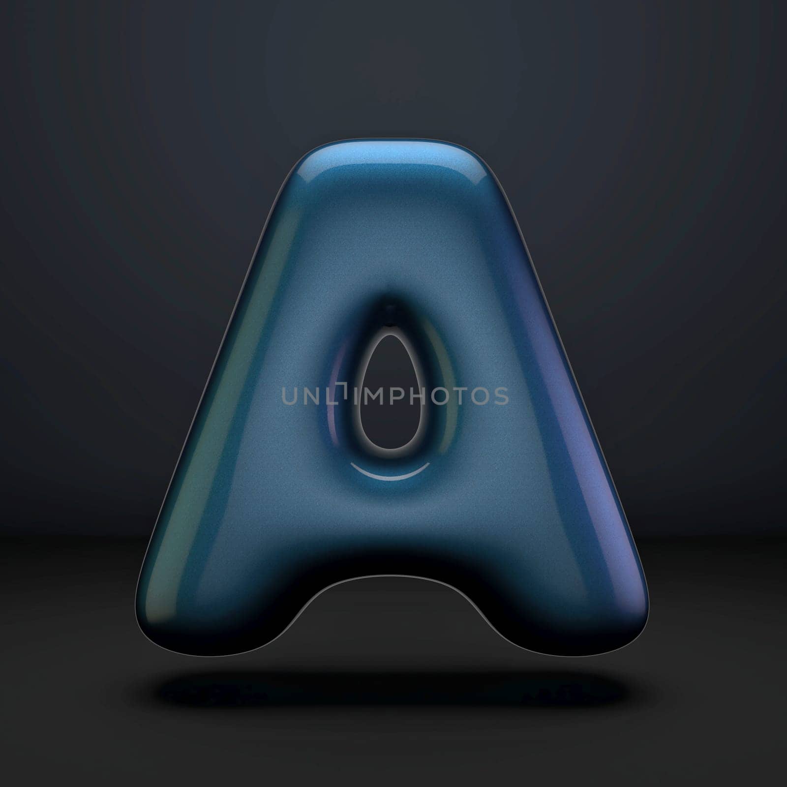 Dark blue shiny font Letter A 3D rendering illustration isolated on black background