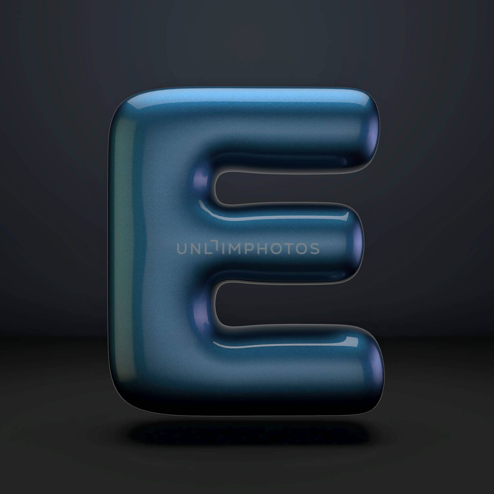 Dark blue shiny font Letter E 3D rendering illustration isolated on black background