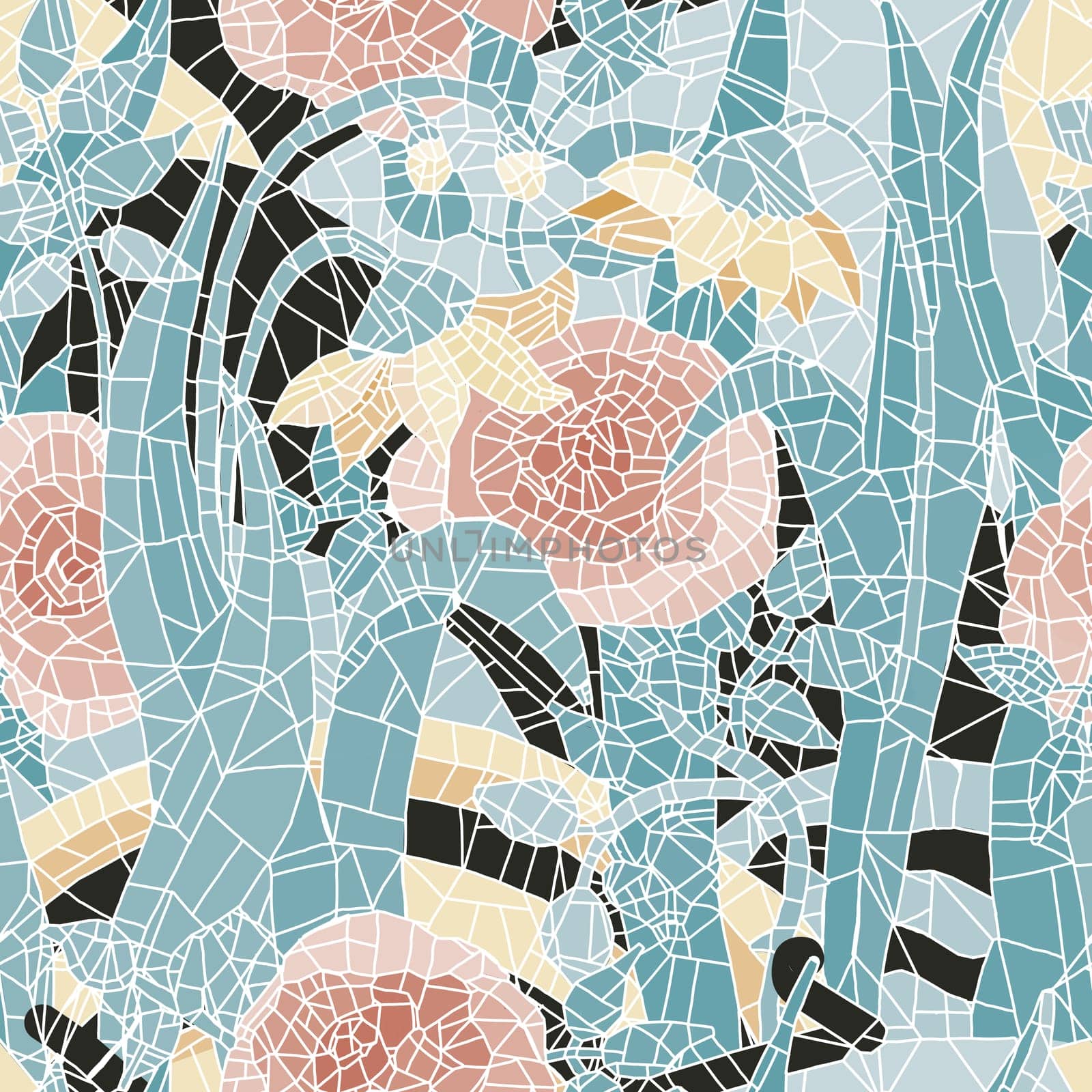 Seamless mosaic pattern.Seamless vintage pattern with an effect of attrition. Patchwork carpet. Hand drawn seamless abstract tiles. Azulejos tiles patchwork. Portuguese and Spain decor.Roses and daffo
