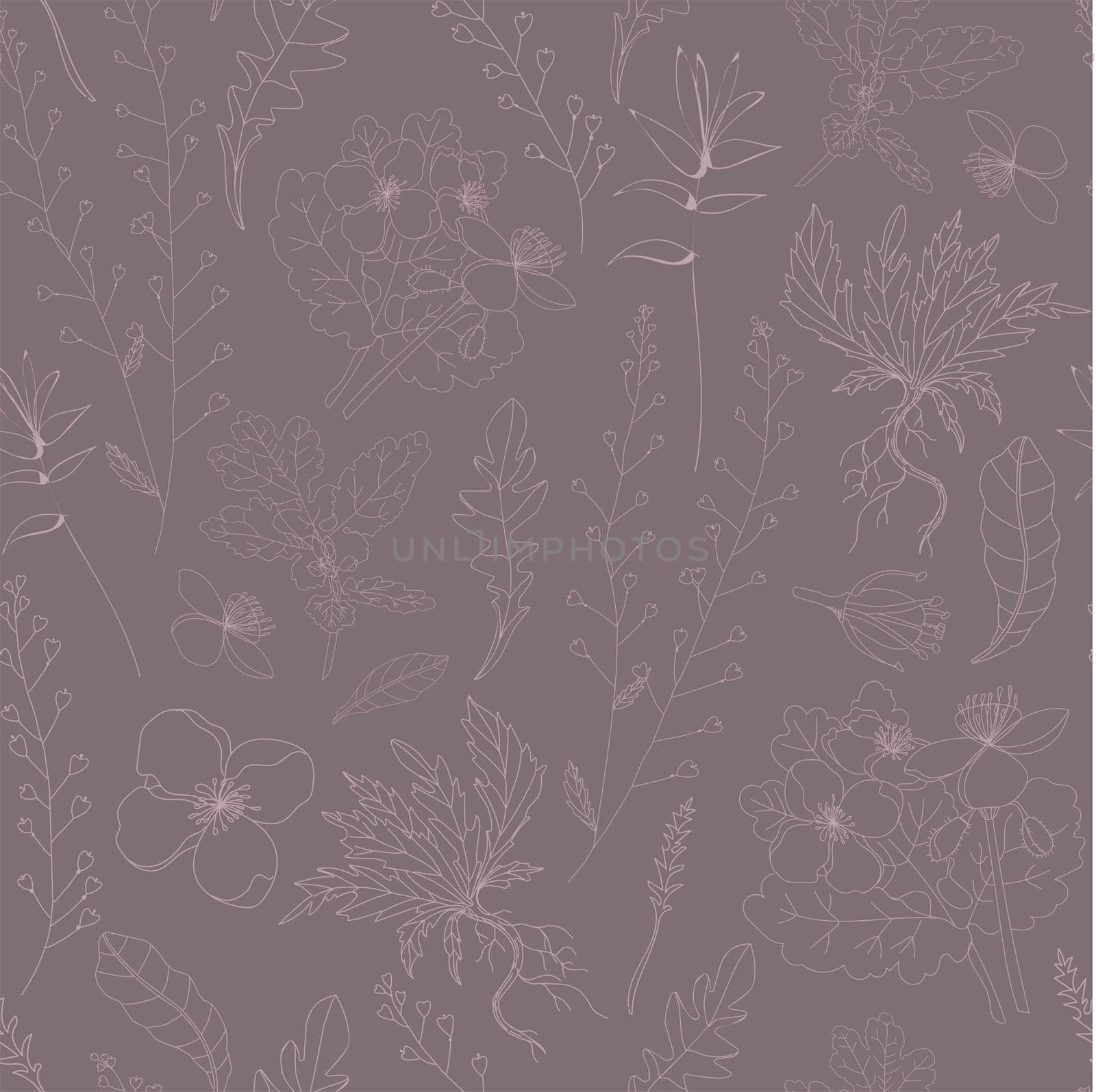Design for fabric. Botanical pattern.Vector seamless pattern with plants on a gray background.