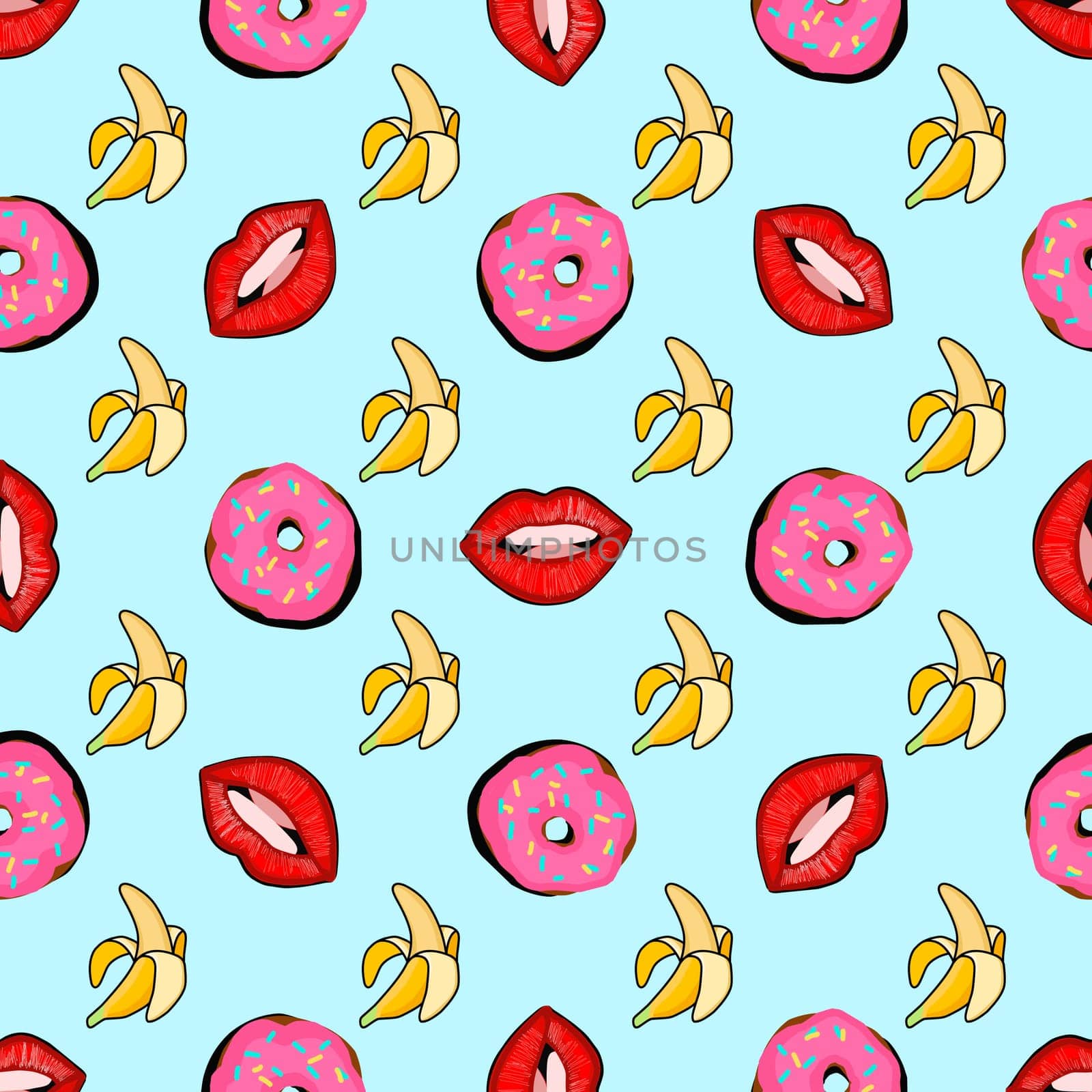 Design for fabric. Pop art pattern.Vector seamless pattern with bananas and donuts on a blue background.
