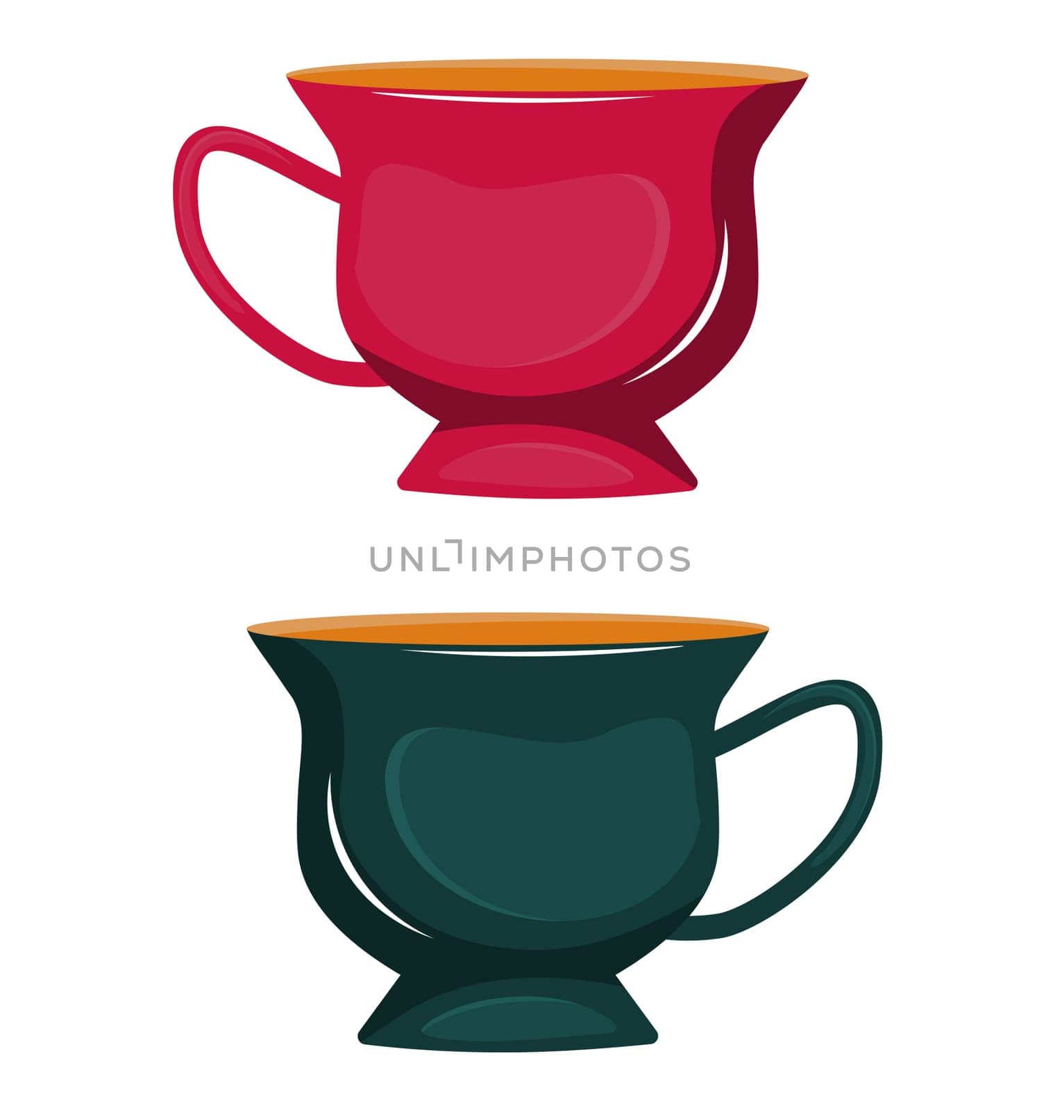 Ceramic cup pink and green. Dishes for tea drinking. Vector isolated illustration