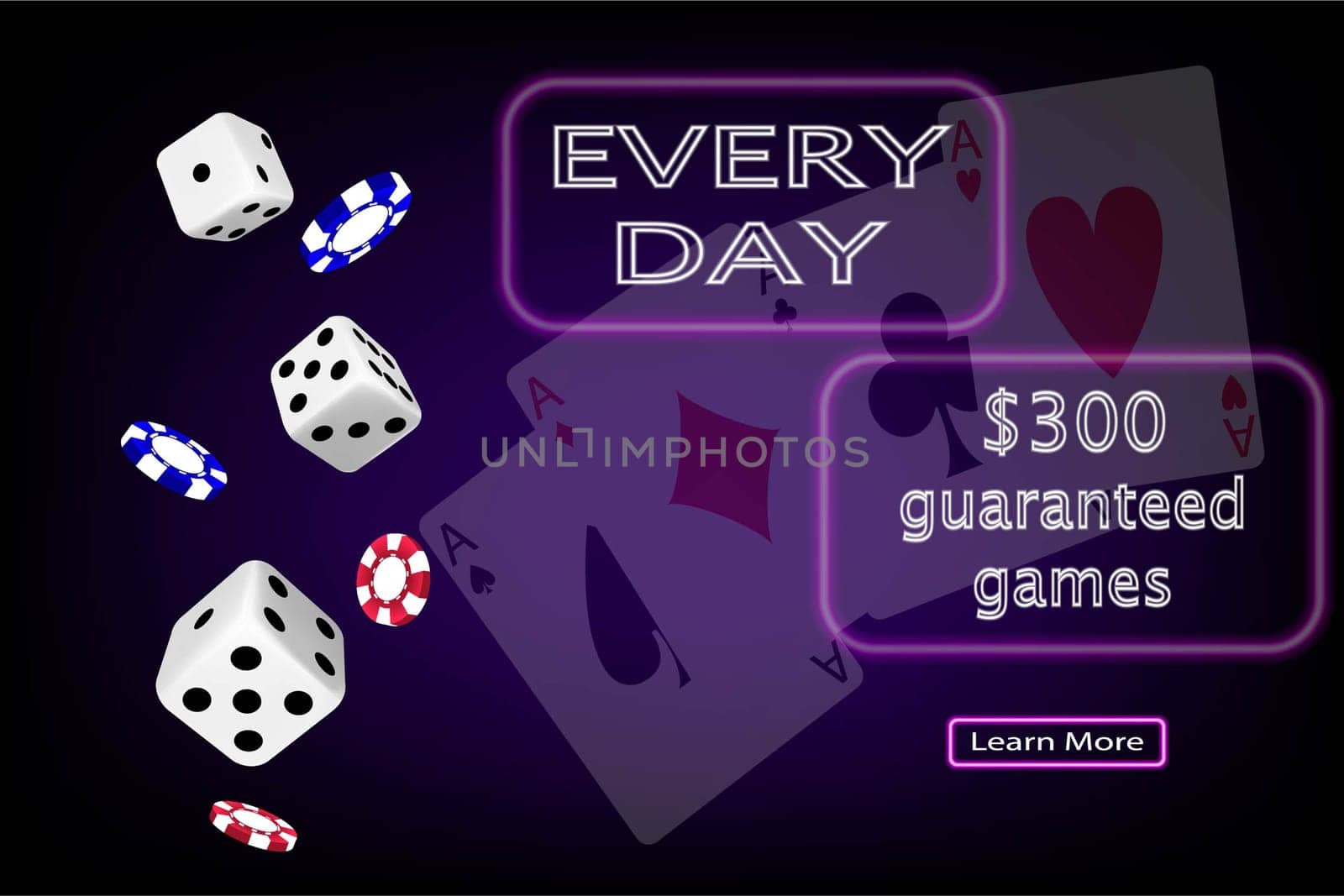 Online casino. Banner for the site with cubes, cards and chips on a purple background. The concept of gambling, online casino. Vector image.