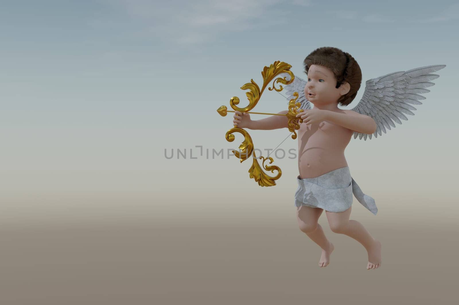 3D Illustration , 3d rendering . valentine guardian slogan with Flying Cupid holding bow and aiming or shooting arrow . copy space for text .