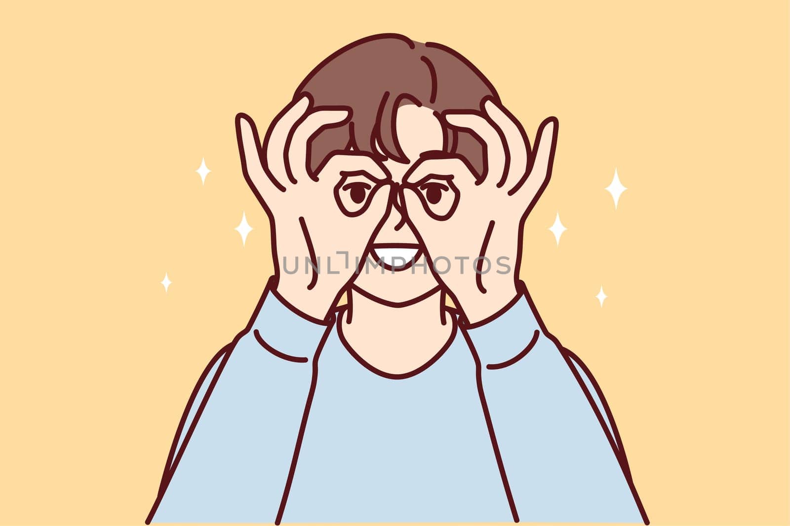 Young woman puts hands to face imitating invisible binoculars to look at object in distance. Funny girl looks at display using fingers instead of carnival mask. Flat vector illustration