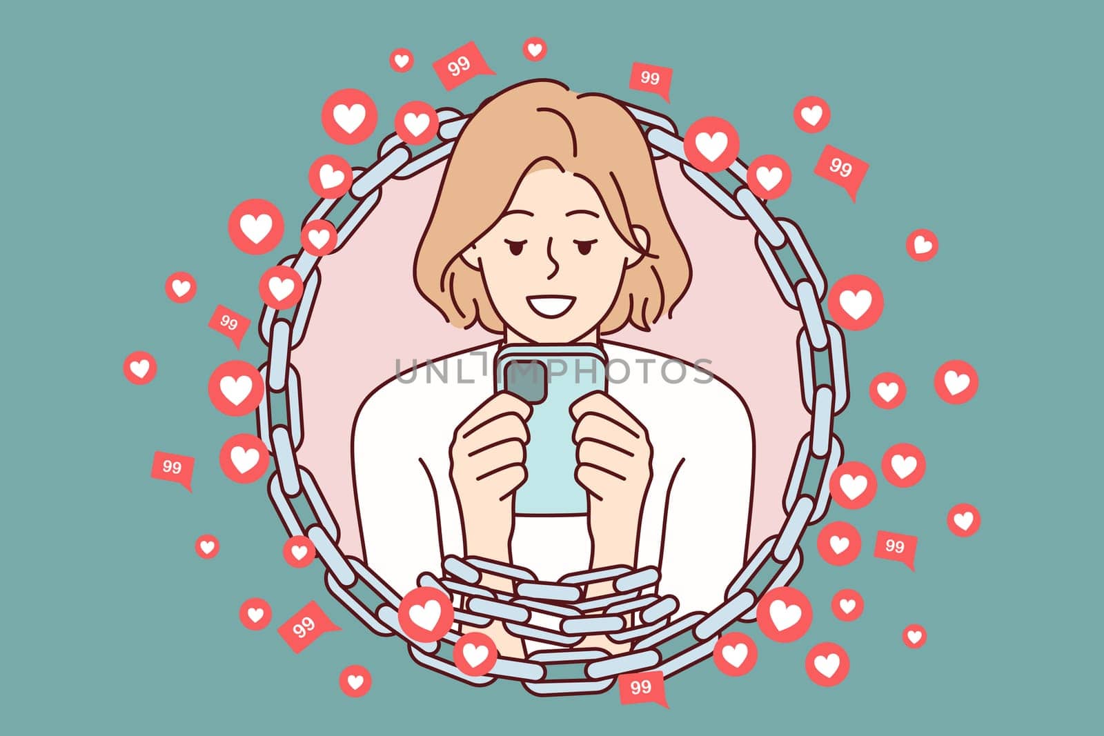 Woman with chained hands using mobile phone symbolizing addiction to internet and gadgets. Girl with smartphone surrounded by hearts cannot refuse to visit social networks. Flat vector image
