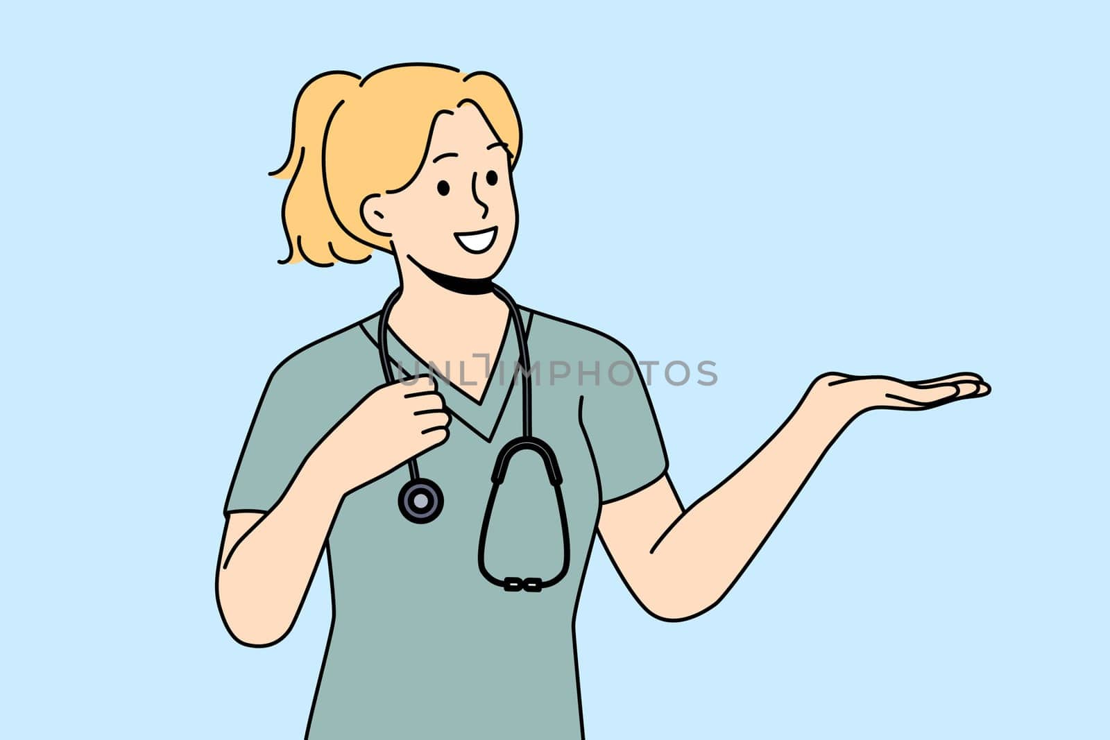 Smiling female doctor show good deal