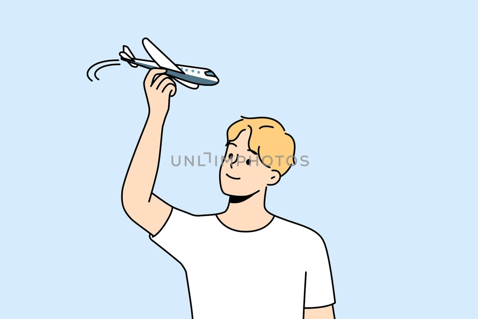 Young man have fun playing with airplane model. Smiling guy flying with plane miniature. Aviation and hobby. Vector illustration.
