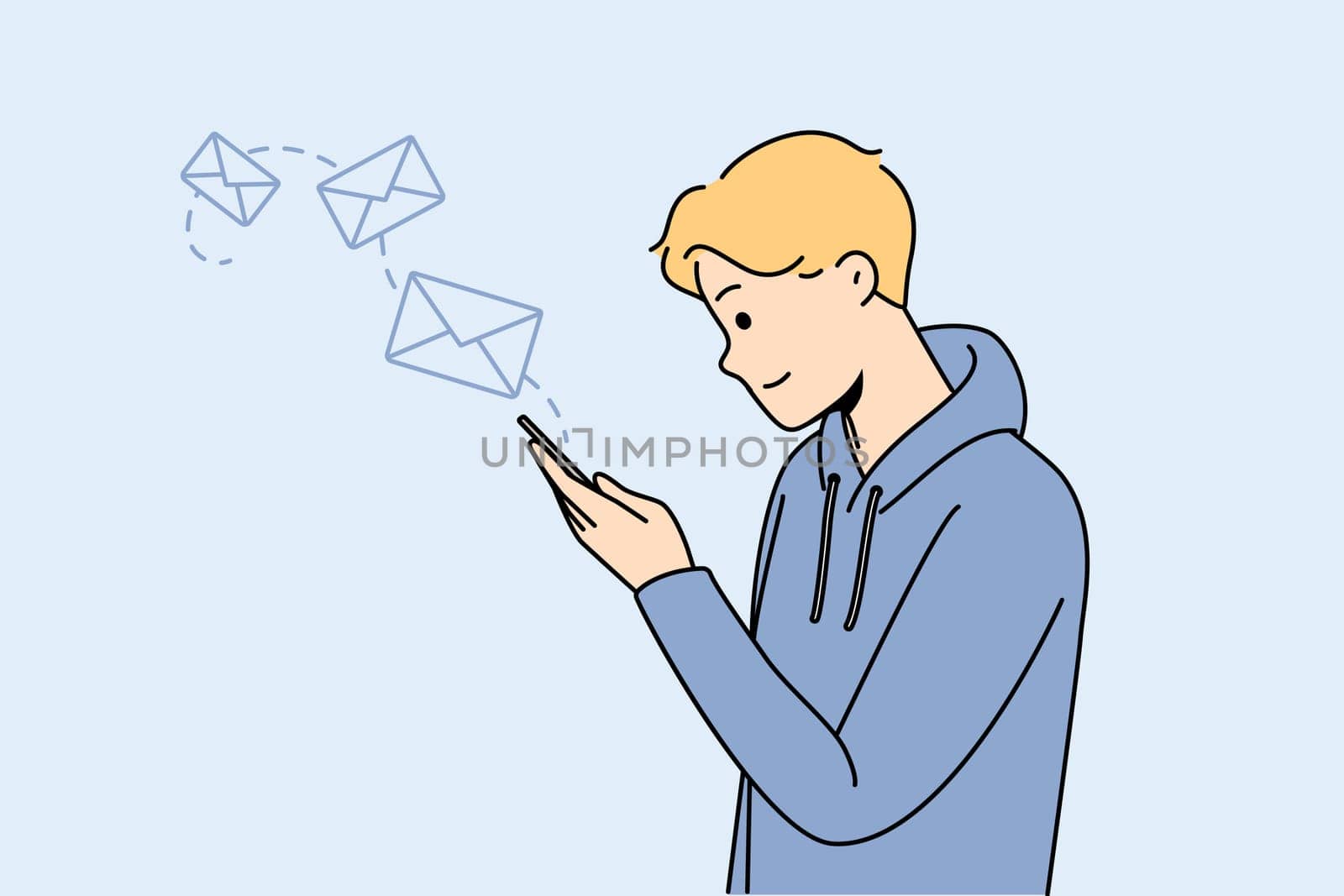 Happy young man use modern cellphone texting online. Smiling guy look at smartphone screen sending email or message on internet. Vector illustration.