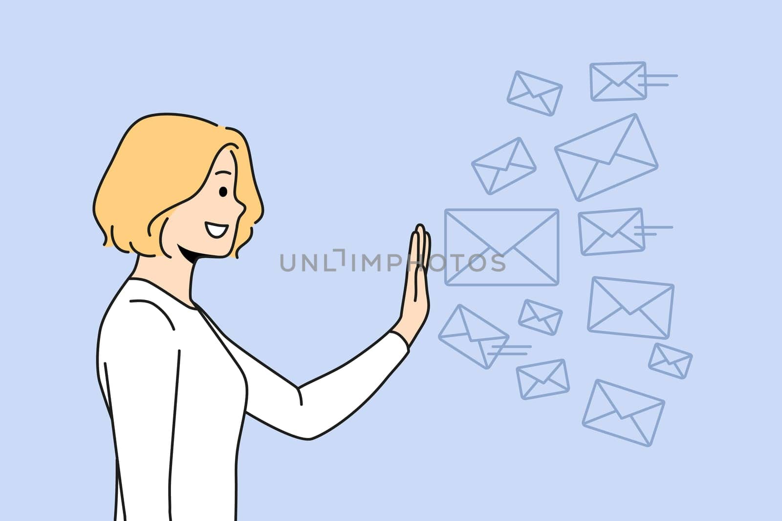 Smiling young woman stop numerous letters overwhelmed with excessive notifications. Happy girl reject spam emails. Vector illustration.