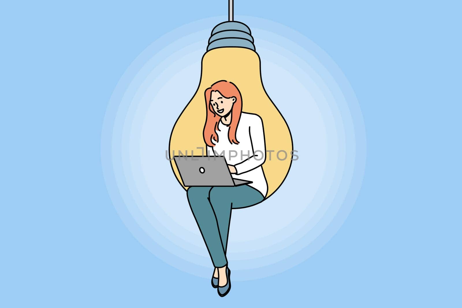 Young woman sitting on huge light bulb working on laptop. Confident motivated female employee on lightbulb busy with computer job. Innovation and brainstorm. Vector illustration.
