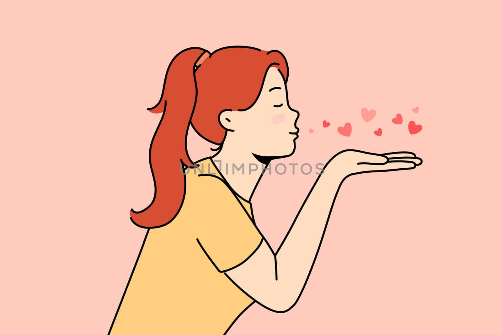 Happy young woman send air kisses. Smiling girl share love and affection. Like and care demonstration. Vector illustration.