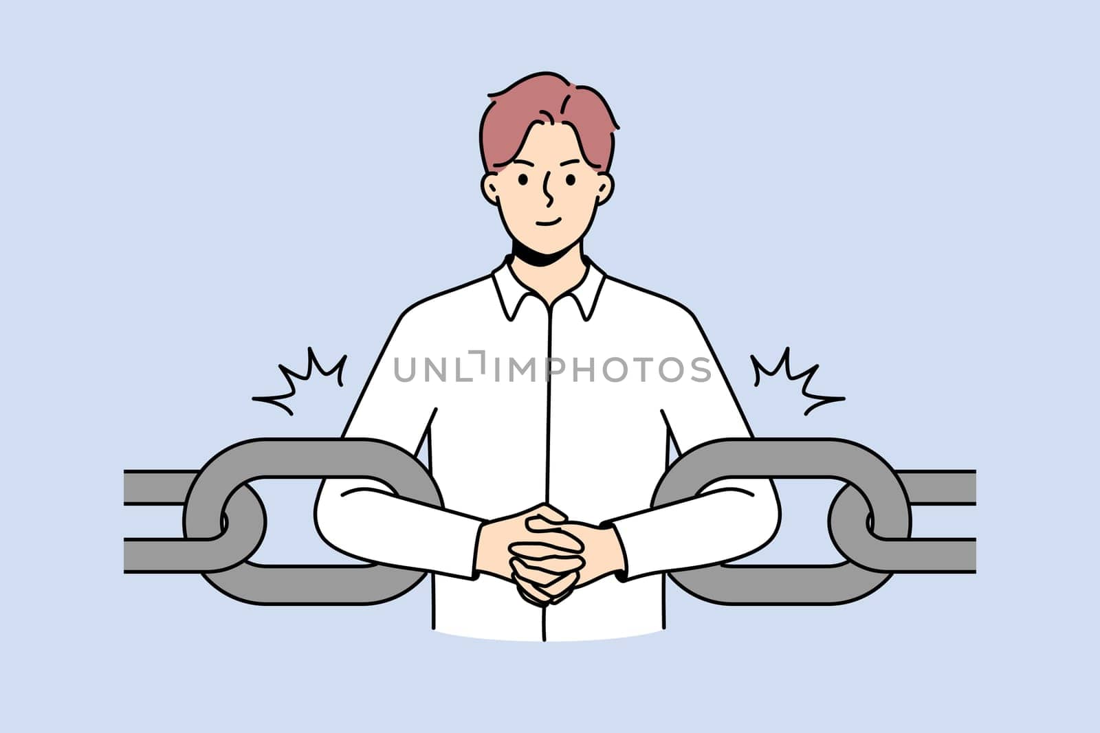 Young businessman as part of chain. Male employee or worker as link of chain at workplace. Engaged as business work element. Vector illustration.
