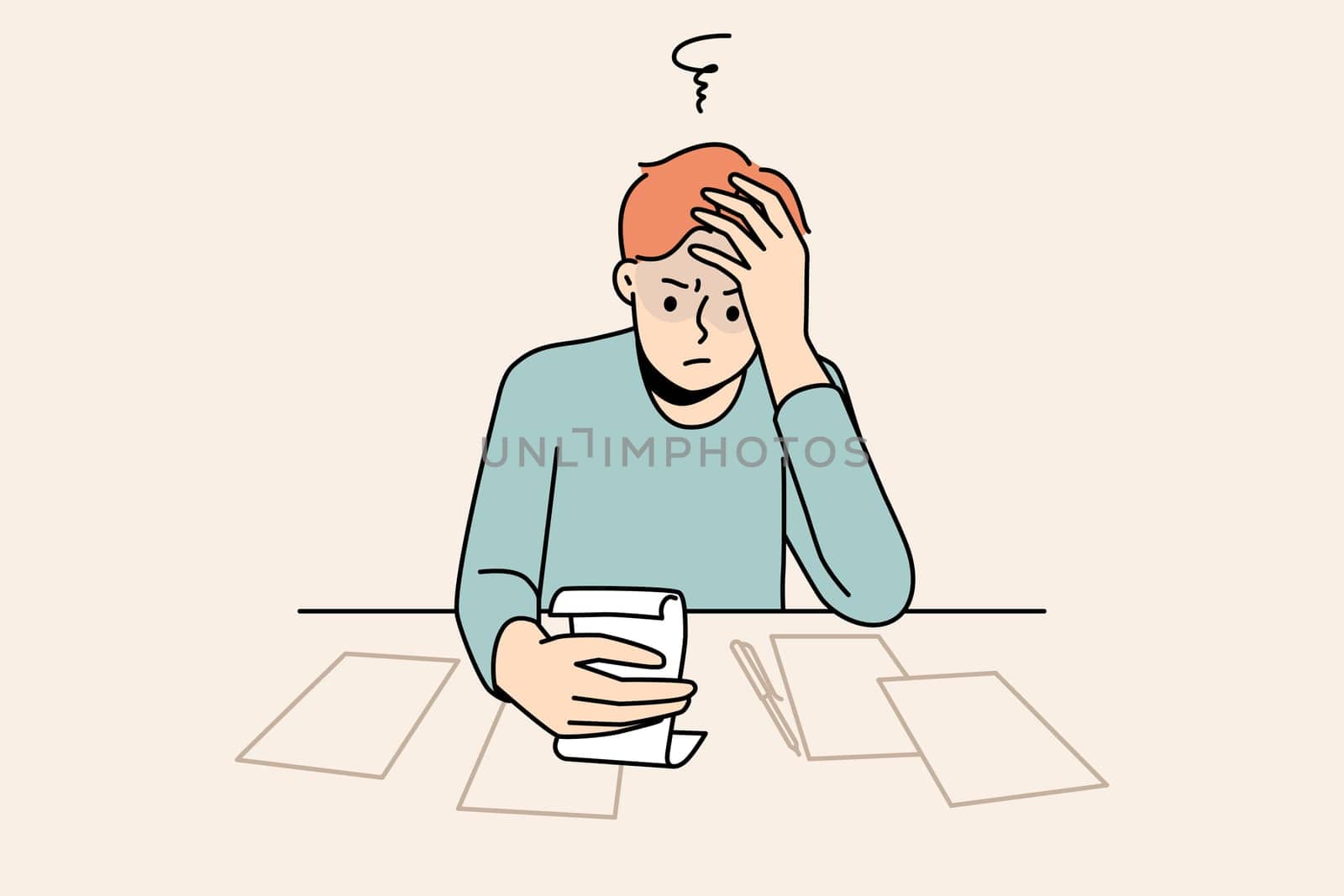 Confused young man sit at table frustrated with bills and expenses. Unhappy guy look at receipts shocked distressed with expenditure and taxes. Vector illustration.
