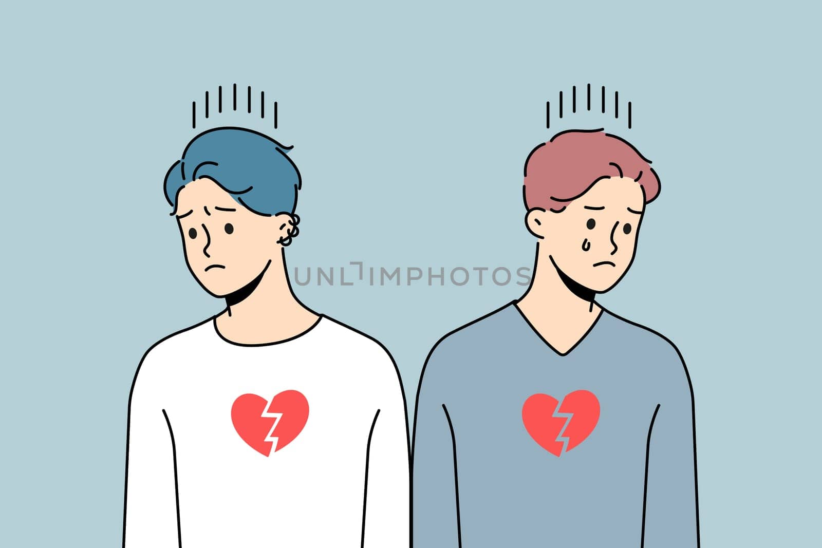 Unhappy homosexual couple suffer from broken hearts. Upset men struggle with relationships breakup or separation. Homosexuality concept. Vector illustration.