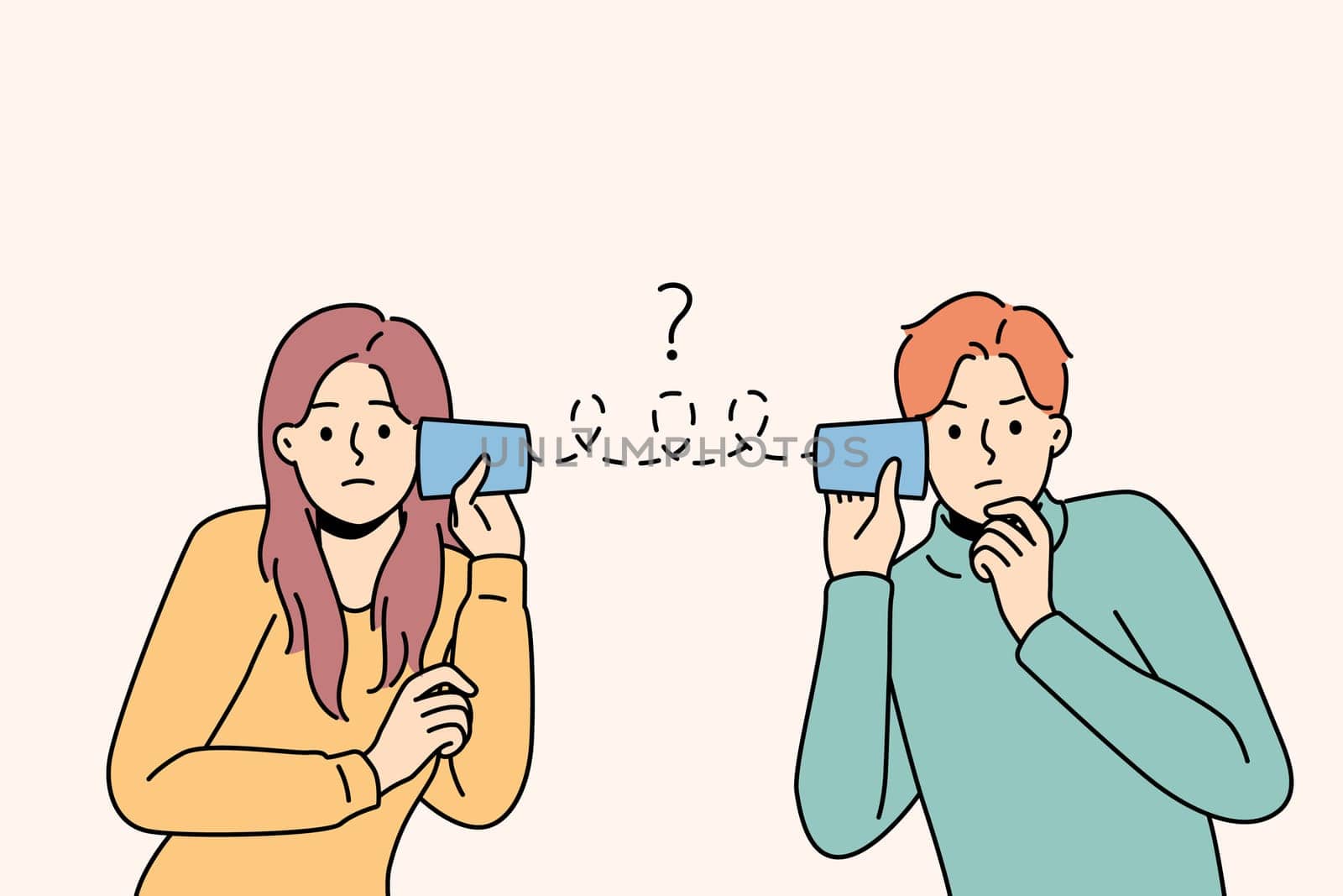 Unhappy couple suffer from communication problems. Upset man and woman distressed with misunderstanding. Relationships troubles. Vector illustration.