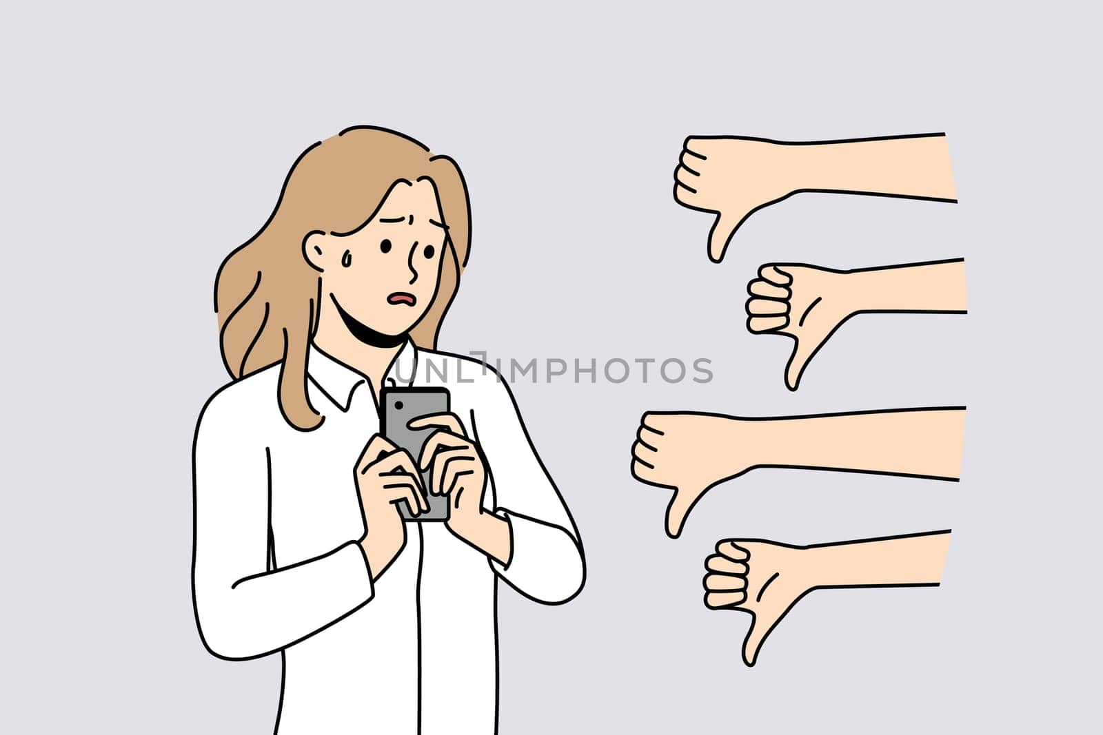Unhappy woman hold cellphone distressed with negative comments online. Upset girl stressed with bad review or feedback on internet on smartphone. Vector illustration.