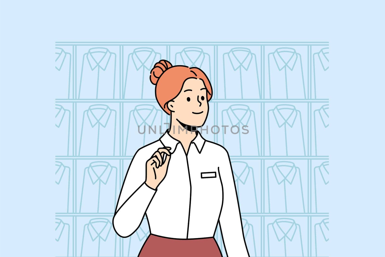 Smiling female consultant working in menswear shop. Happy woman stylist in uniform busy in boutique or store of men fashion. Vector illustration.