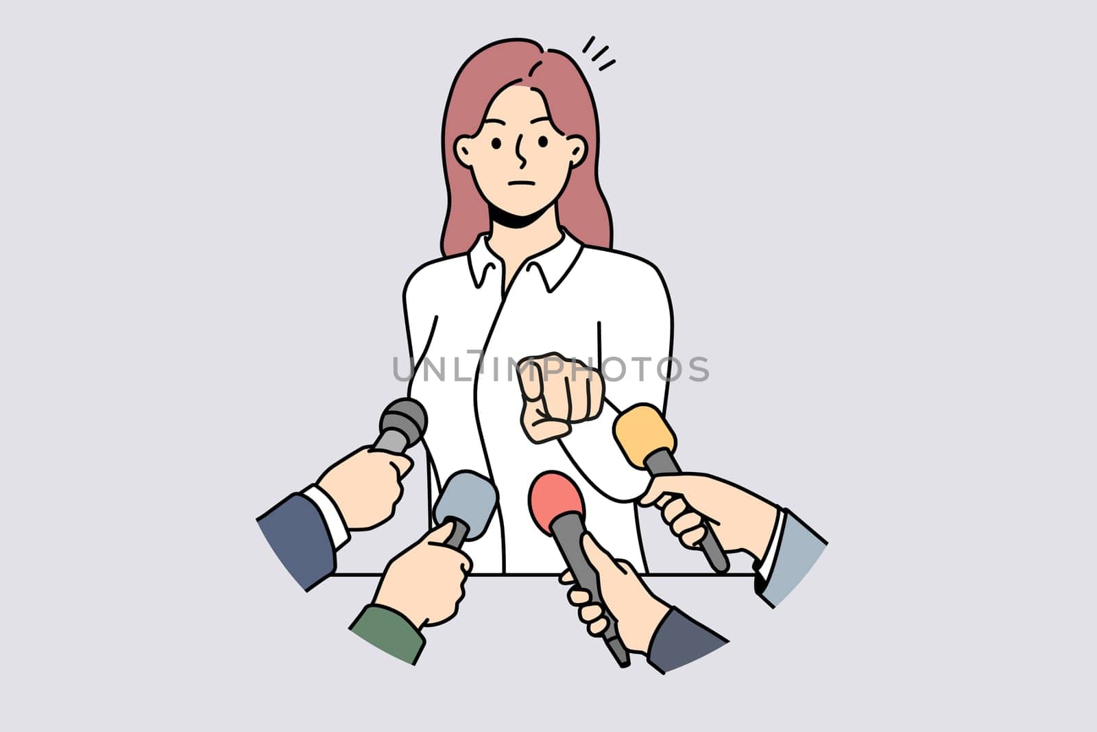 Furious businesswoman talk in microphones at conference point at journalist or reporter. Mad female politician distressed talking at event. Vector illustration.
