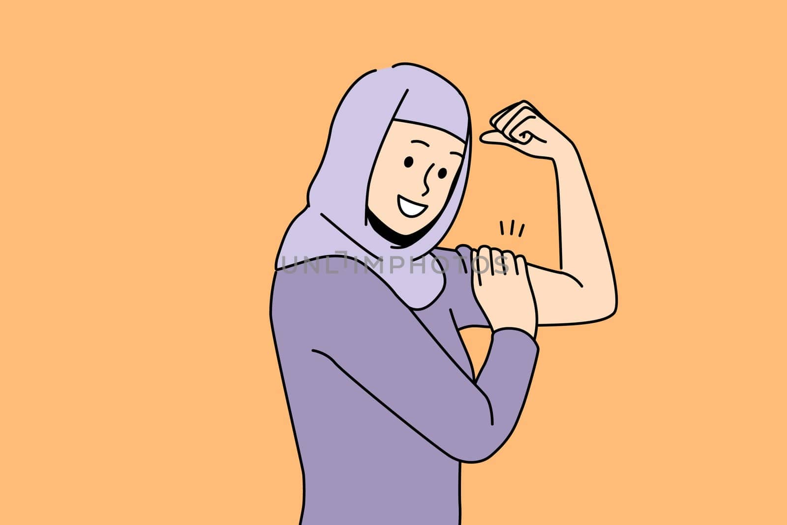 Smiling young woman in hijab show muscle demonstrate power. Happy Arabic female feel powerful and strong. Leadership concept. Vector illustration.