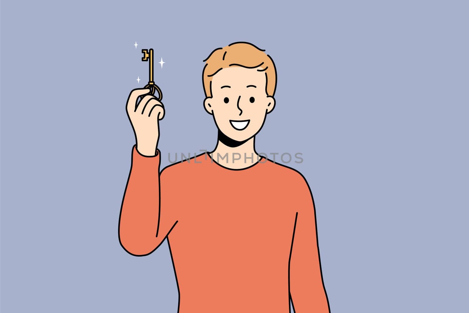 Smiling young man holding key to new house or apartment. Happy male owner excited about housing or dwelling purchase. Ownership concept. Vector illustration.