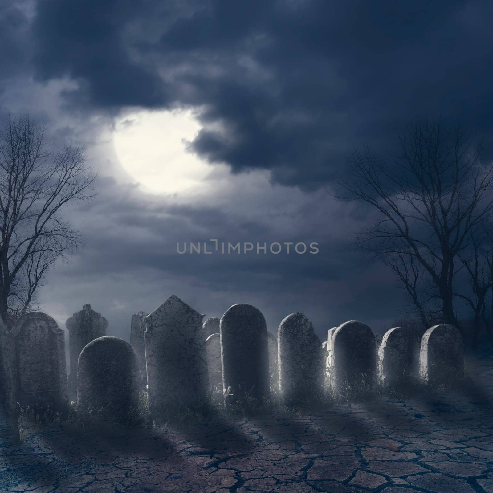 Halloween scary night concept. Horror graveyard at night with evil moon. October 31 halloween party poster design background.