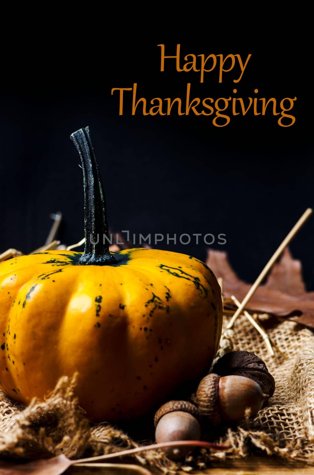 Thanksgiving dinner invitation card. Happy thanksgiving and give thanks concept. Autumn pumpkin and crops decorate thanksgiving dinner table.