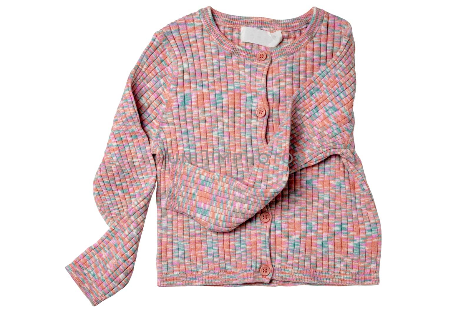 Girls clothes. Multi-colored knitted elegant fluffy cardigan or jumper with v-neck and button closure isolated on a white background. Clipping path. Kids and children's fashion.
