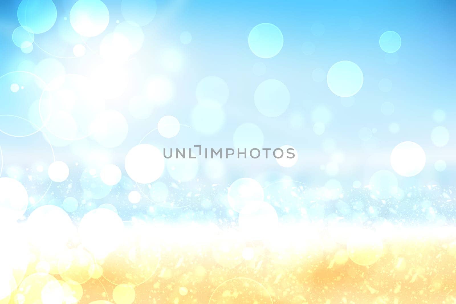 Abstract bright gradient motion spring or summer landscape texture background with natural gold yellow bokeh lights and blue bright sunny sky. Beautiful backdrop with space for design.