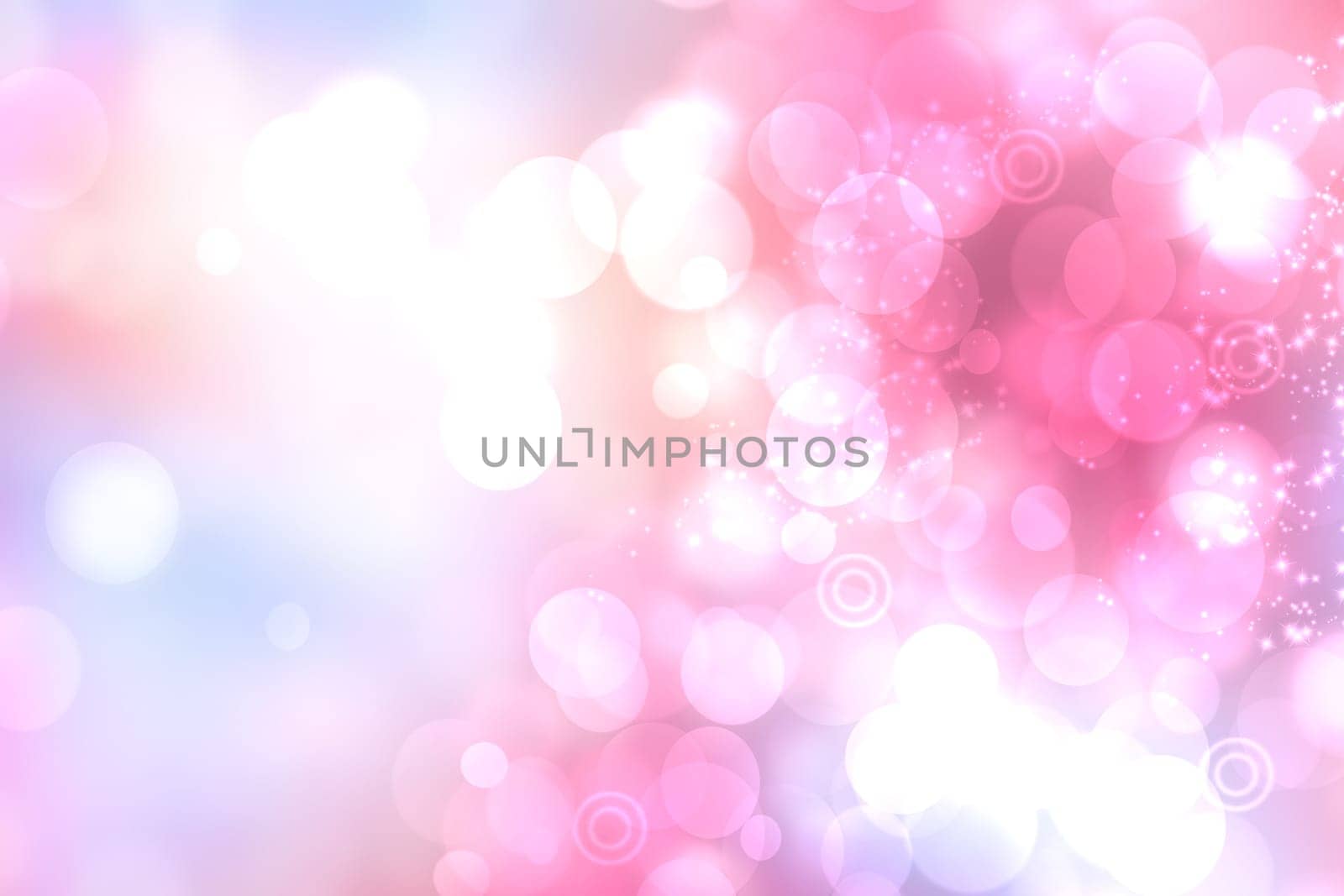 Abstract blurred festive light red pink white winter christmas or Happy New Year background texture with white bokeh circles and stars. Card concept.