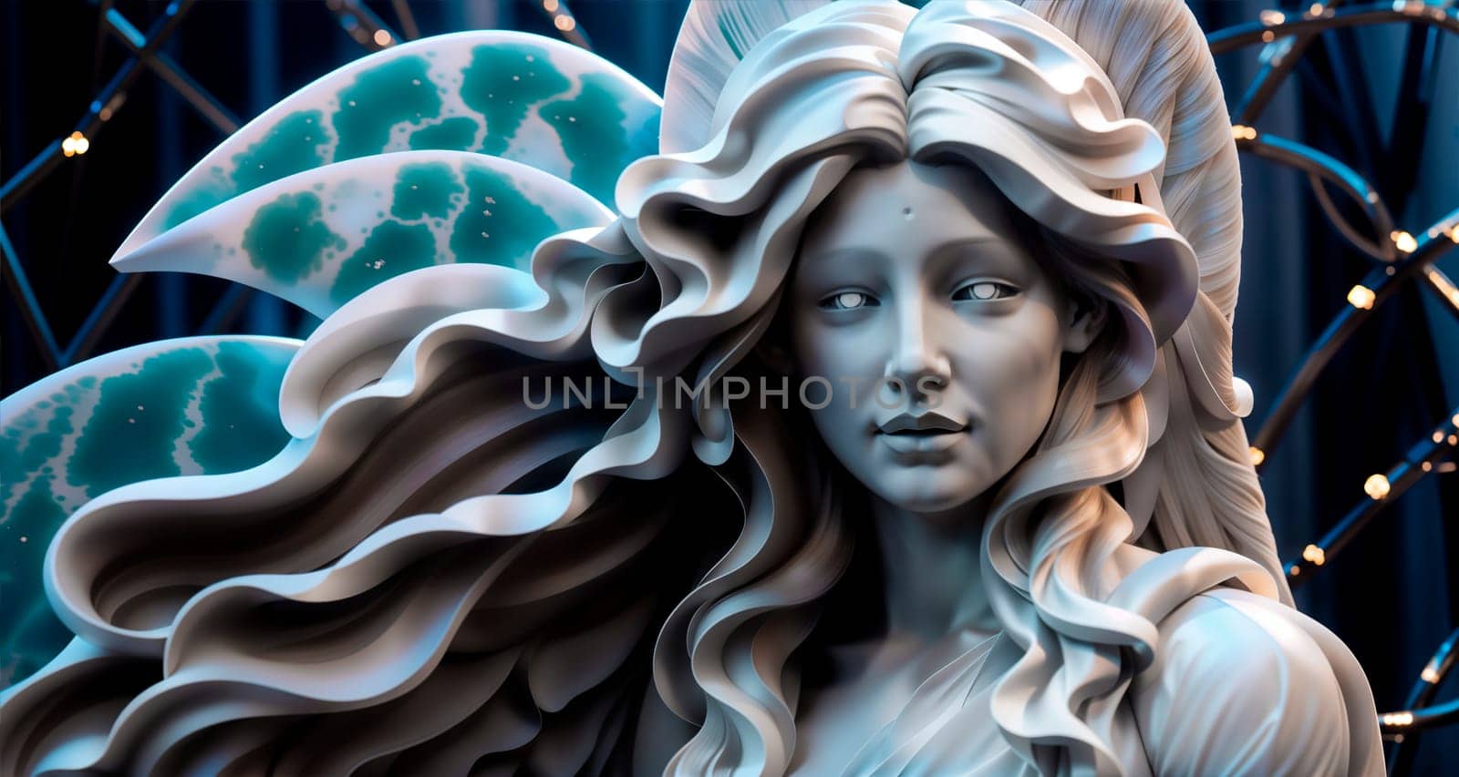 Sculpture of a woman with wings, made in the style of metal graphics. Generative AI.