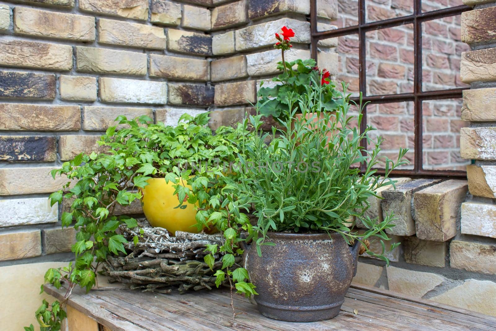 beautiful place in the garden in the mediterranean style, pots with plants on the table