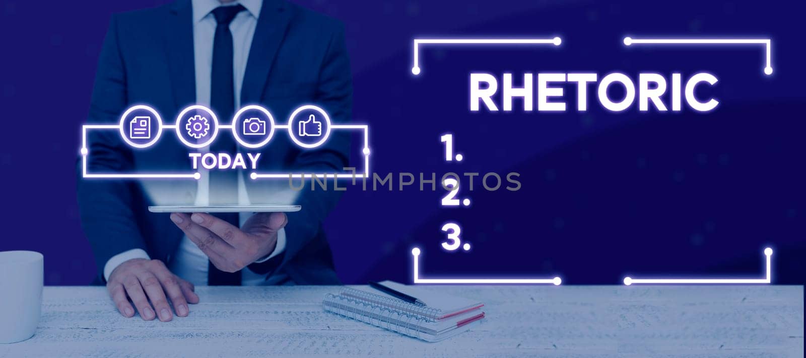 Text sign showing Rhetoric, Business approach study of writing or speaking as mean of communication or persuasion