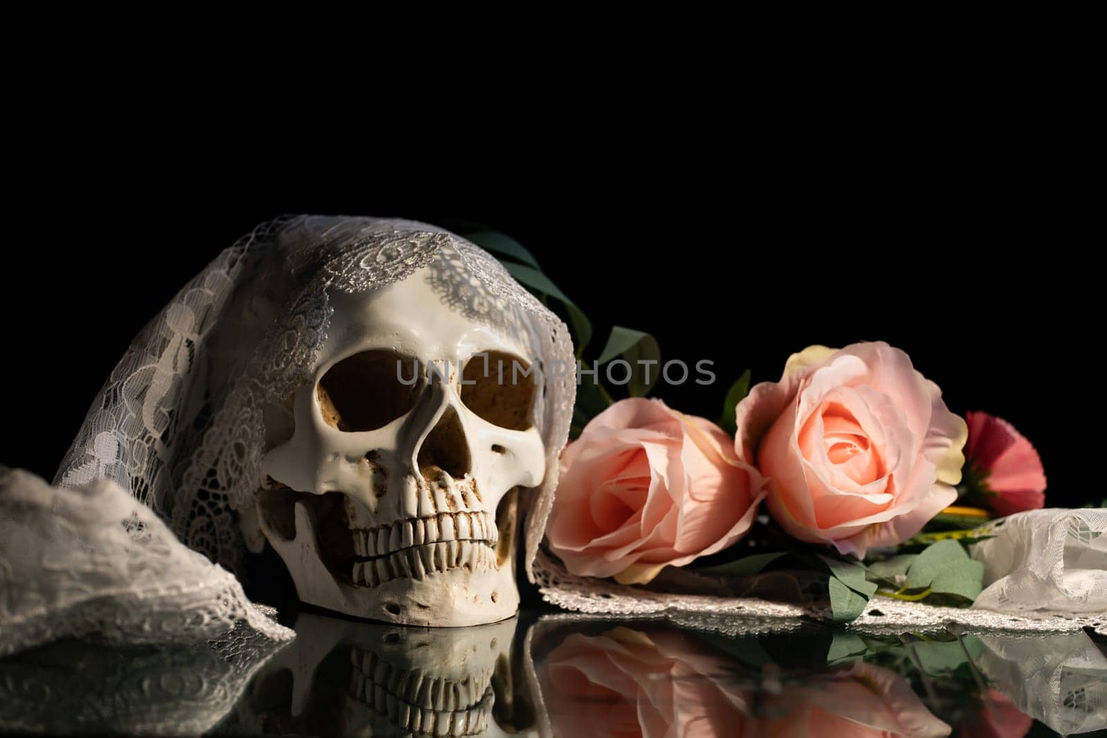 Skull with bride veil and pastel pink rose flowers. Calavera Catrina. Dia de los muertos. Day of The Dead.