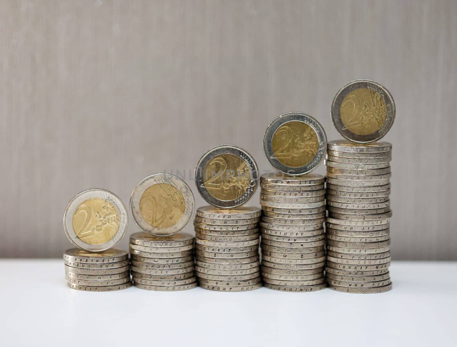 Two euro coins, close-up of a coin with the value of 2 euros.