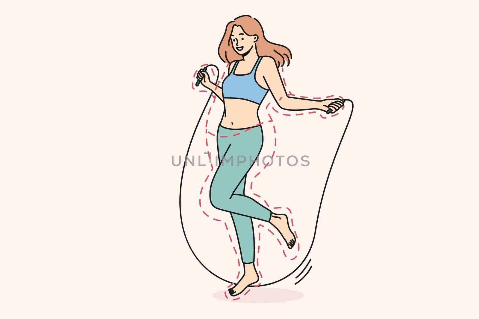 Smiling young woman jumping on jump rope losing weight. Happy toned girl follow healthy lifestyle workout with rope. Sport and training. Vector illustration.