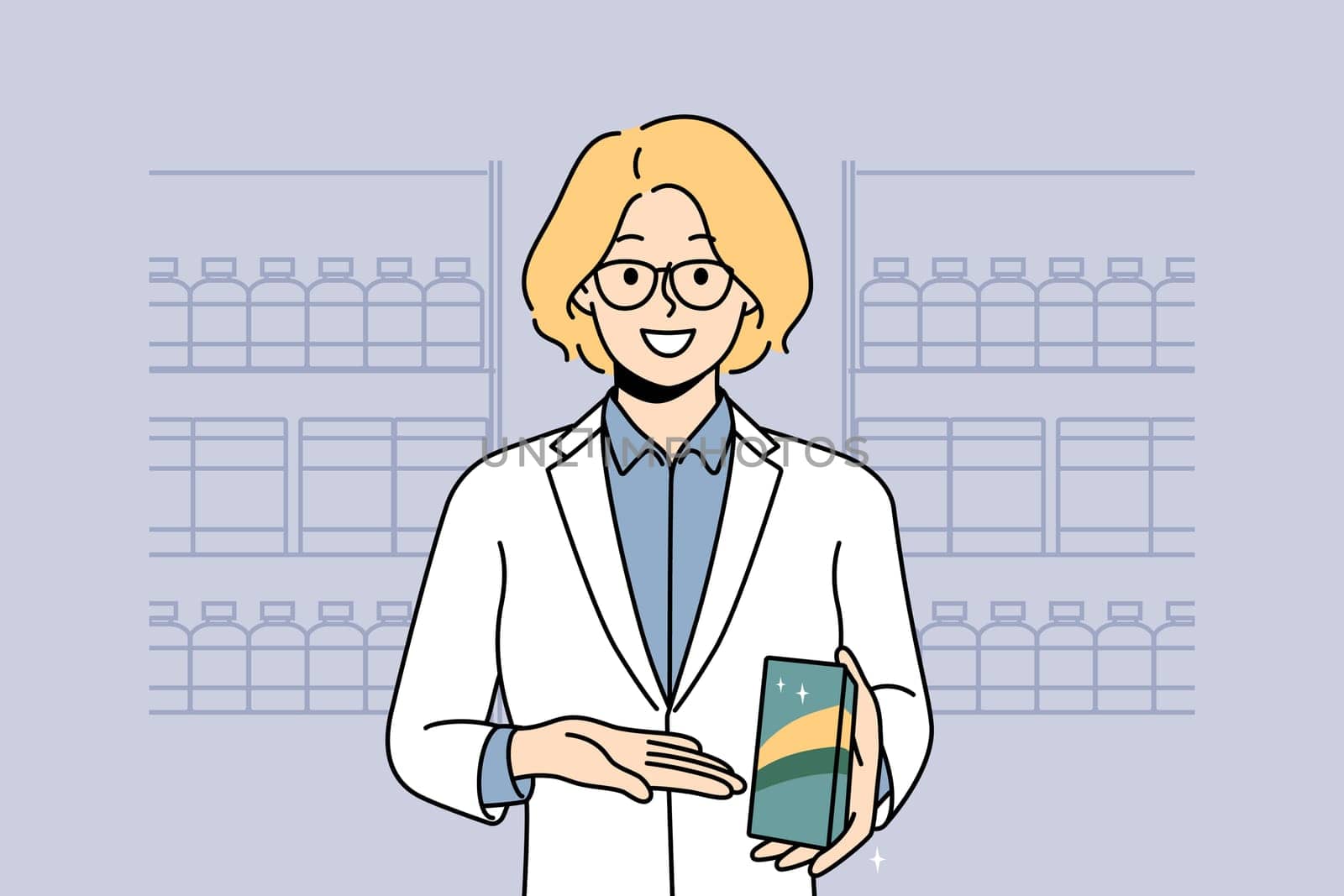 Smiling female pharmacist recommend medication in drugstore. Happy woman specialist in uniform show at bottle give recommendation to medicament. Vector illustration.