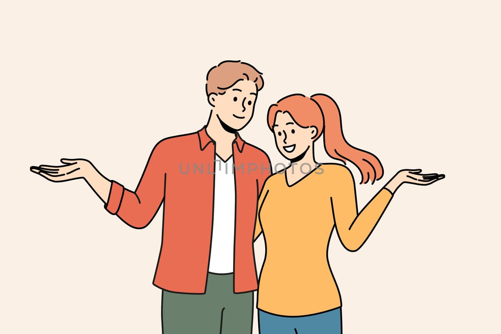 Smiling couple feel cheerful with open arms