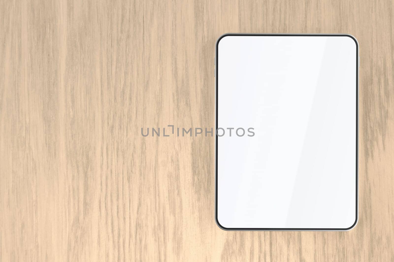 Tablet with empty screen on wooden desk, top view