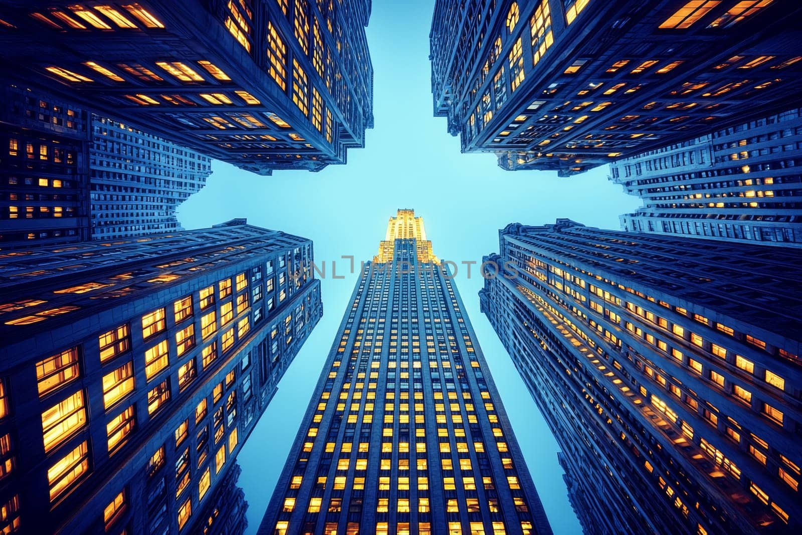 Amid the towering buildings, the iconic spire shines brightly against the twilight sky, creating a breathtaking view of the cityscape.