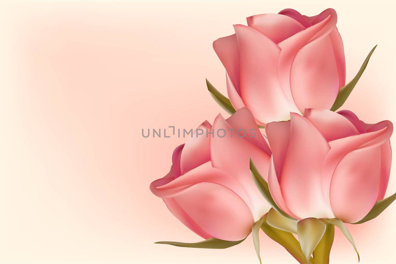 Three pink roses on a light background with copy space. Concept for valentine's day, birthday, mother's day, women's day. Universal holiday background. Vector image.