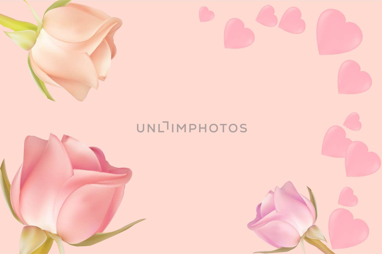 Three multi-colored roses on a light background with copy space. Concept for valentine's day, birthday, mother's day, women's day. Universal holiday background. Vector image.