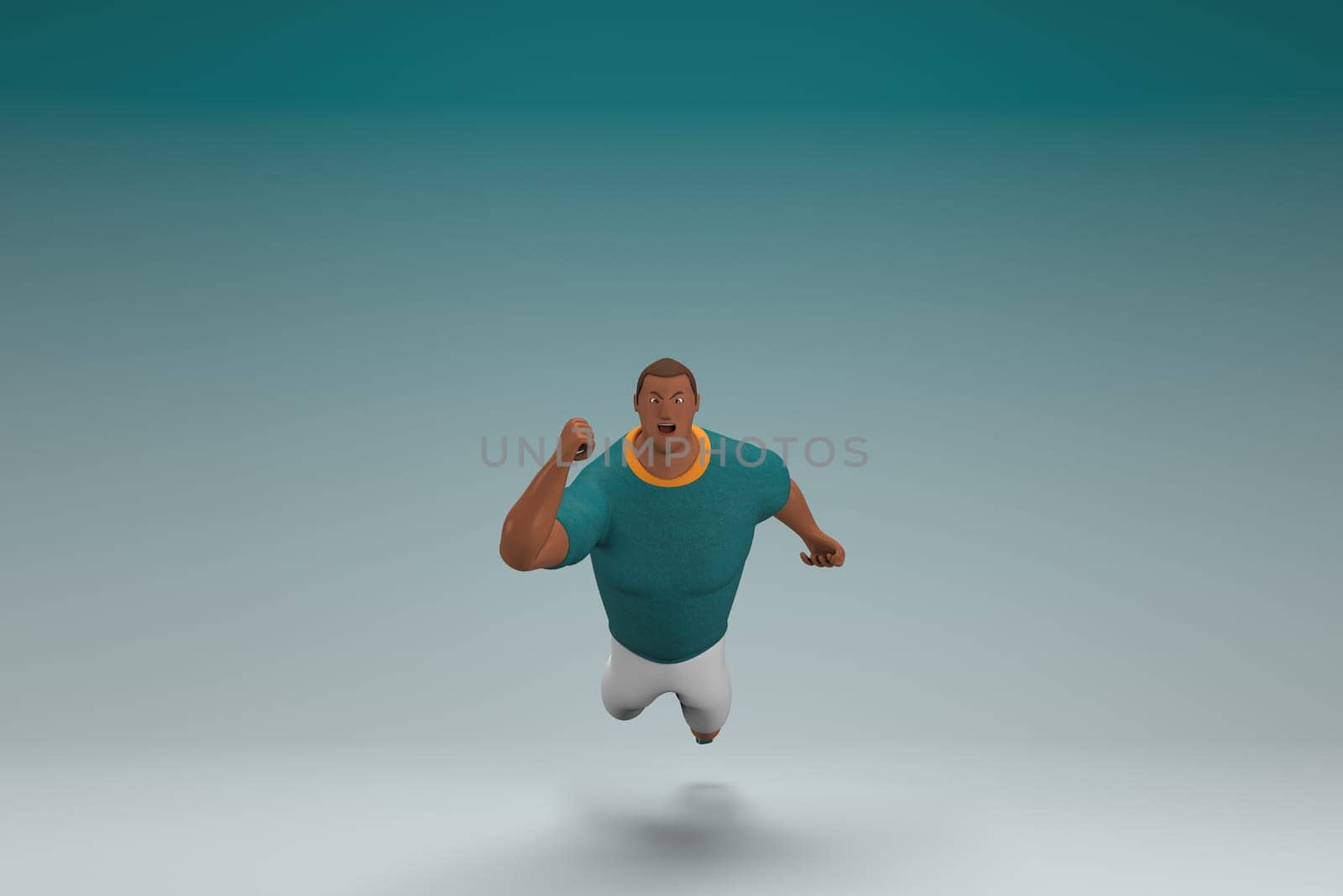 An athlete wearing a green shirt and white pants. He is falling down.