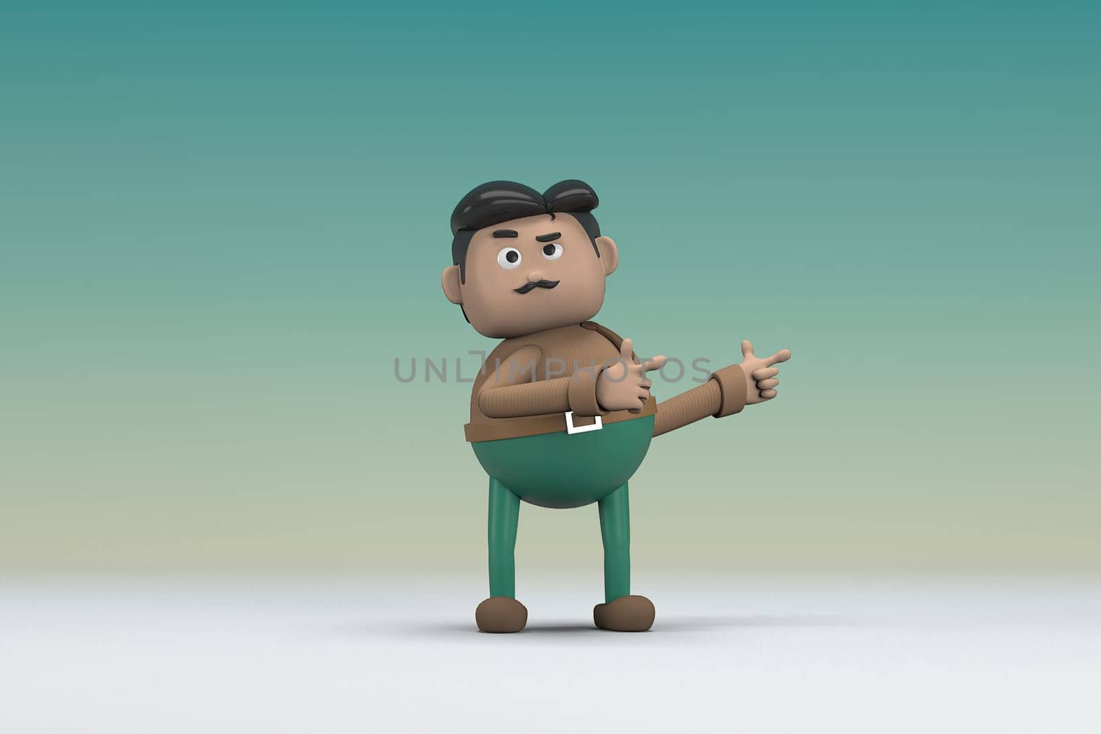 The man  with mustache wearing a brown long shirt green pants.  He is expression  of body and hand when talking.  3d illustrator of cartoon character in acting.