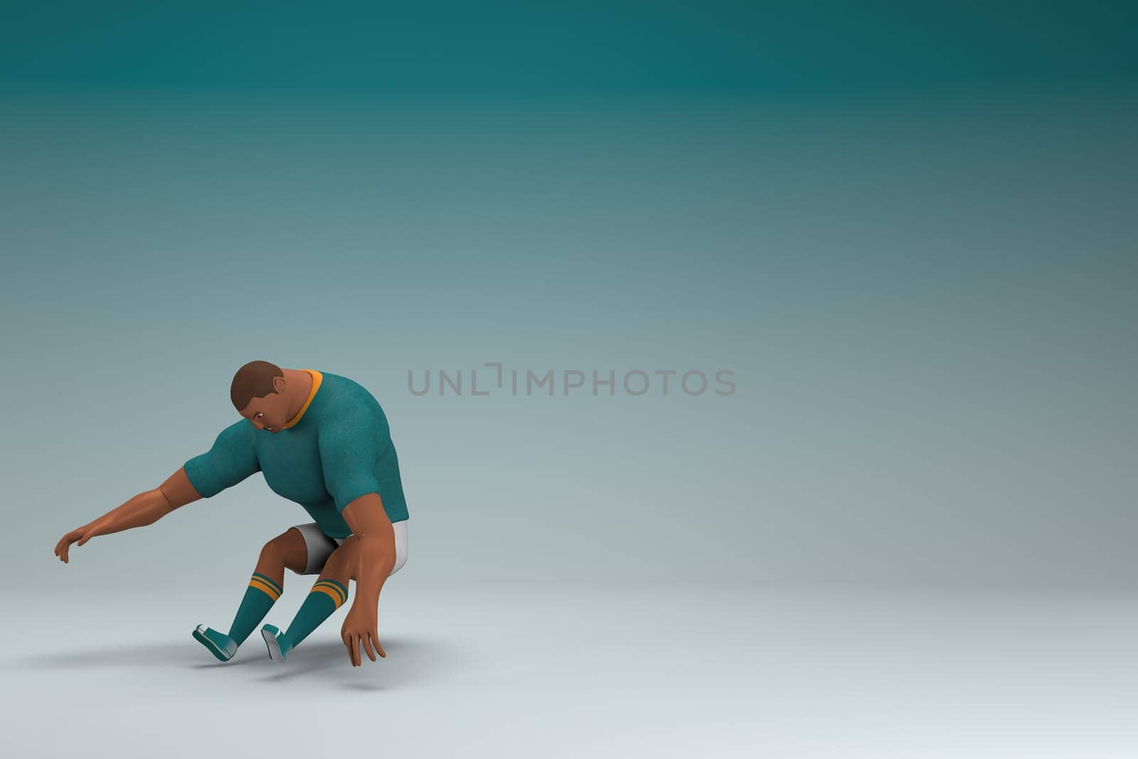 An athlete wearing a green shirt and white pants is jumping. 3d rendering of cartoon character in acting.