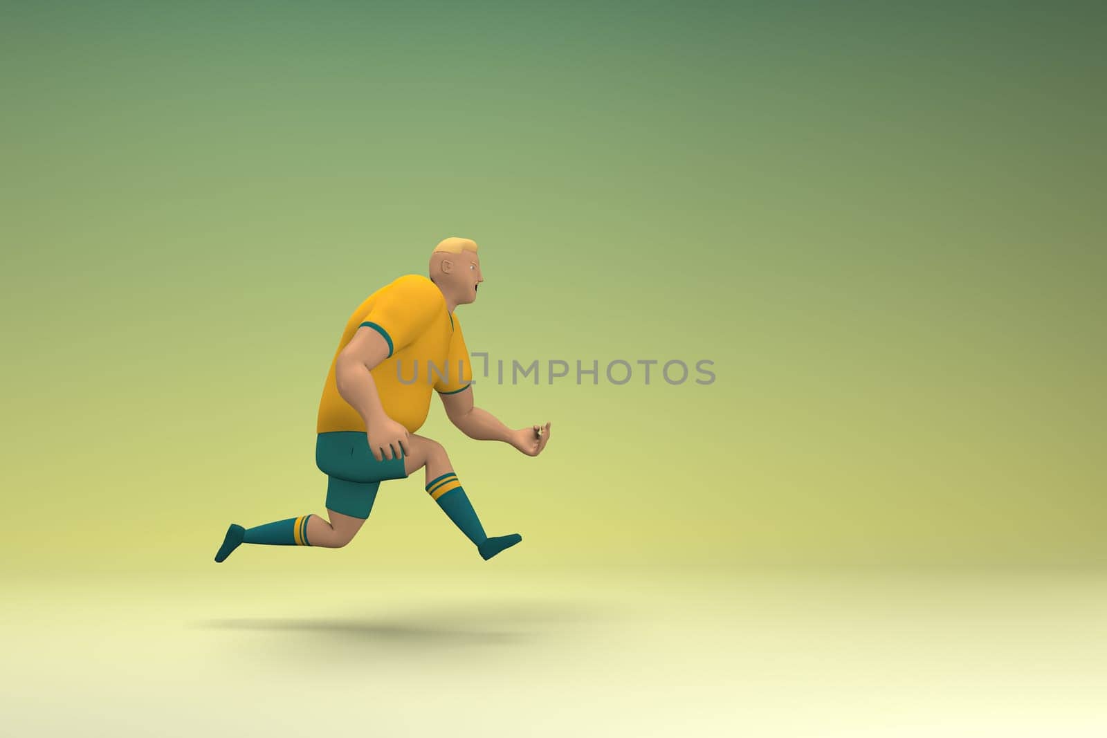 An athlete wearing a yellow shirt and green pants is runing. 3d rendering of cartoon character in acting.