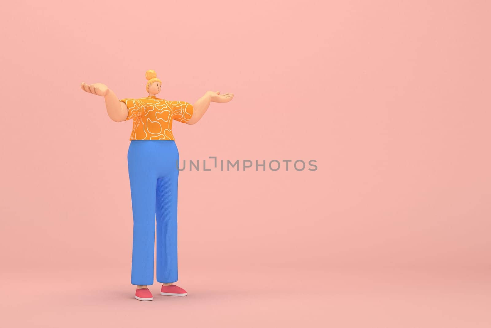 The woman with golden hair tied in a bun wearing blue corduroy pants and Orange T-shirt with white stripes.  She is expression  of hand when talking. 3d rendering of cartoon character in acting.